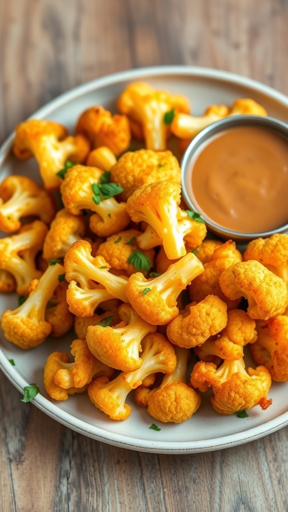 Crispy cauliflower fries served with dipping sauce on a rustic wooden table.